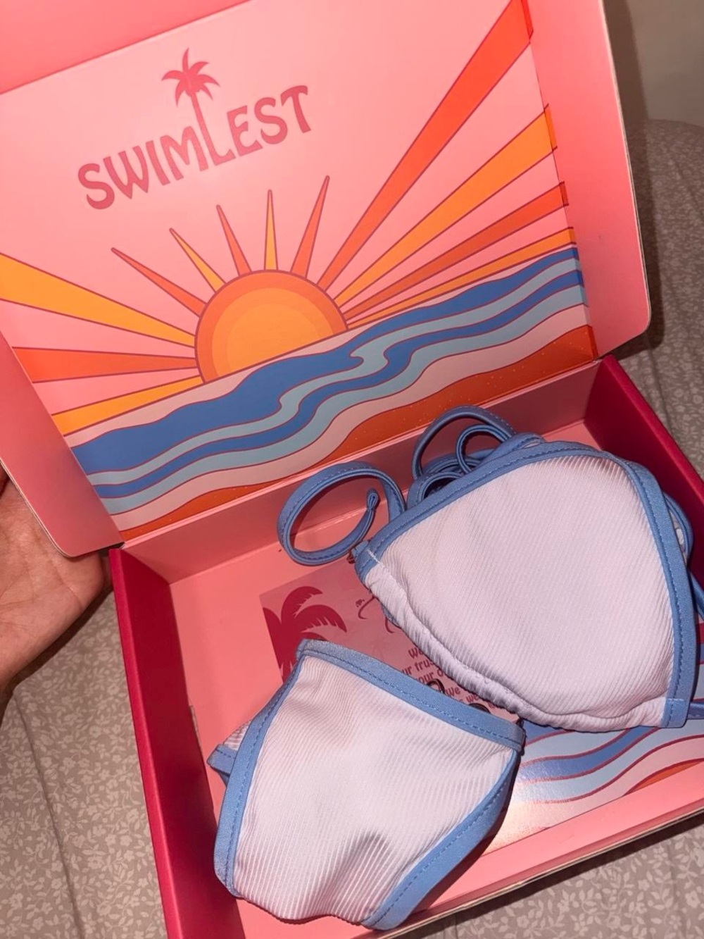 Women's Light Pink & Blue Trim Triangle Bikini Top